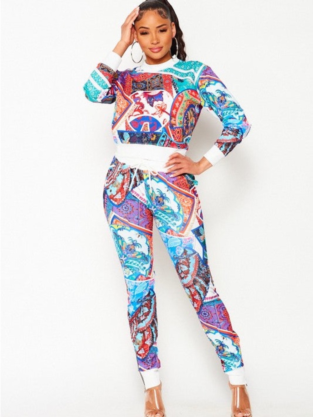 Multi-Color Printed Patchwork Jogger Set - Women's Track Pants & Top